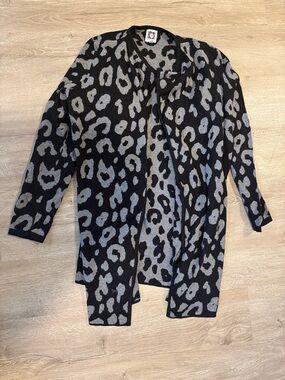 Anne Klein Black and Gray Leopard-Print Open-Front Cardigan